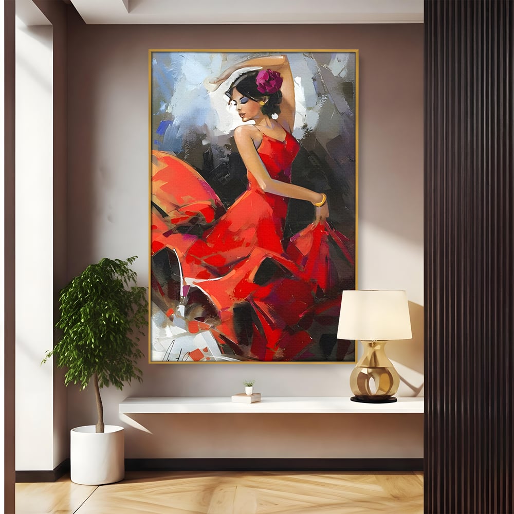 Tablou canvas cu tablou canvas cu dansatoare in rochie rosie, in rama de aluminiu auriu